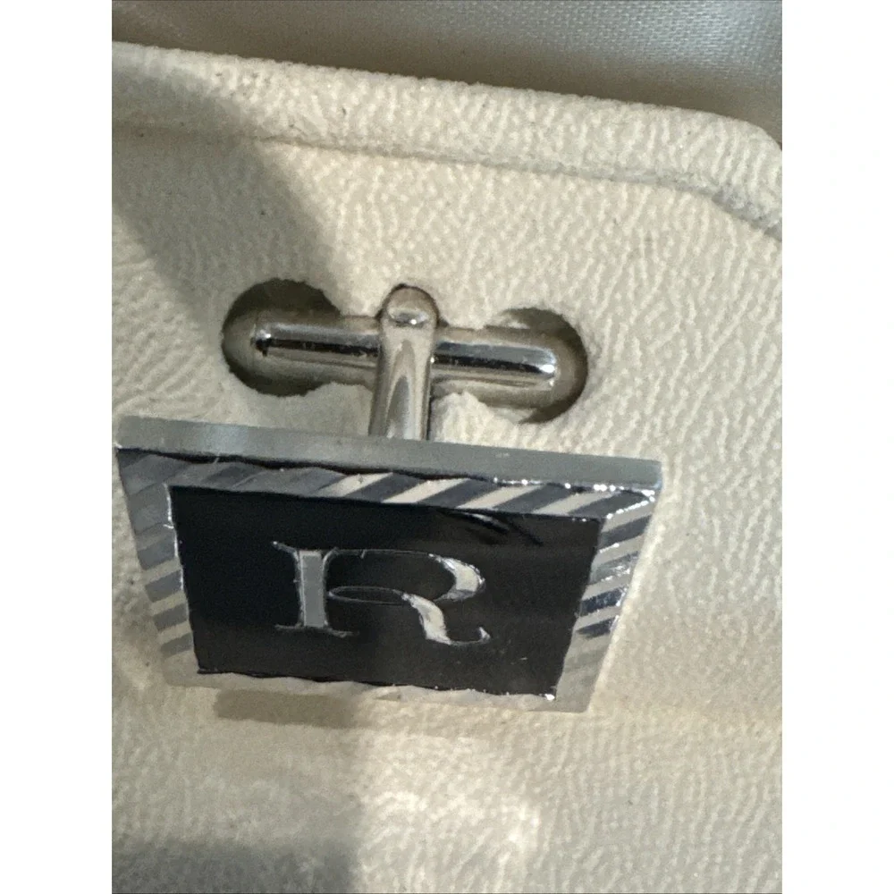 R Monogram Initial Letter Vintage SWANK Cuff Links & Tie Bar Clip Silver‎ Tone
